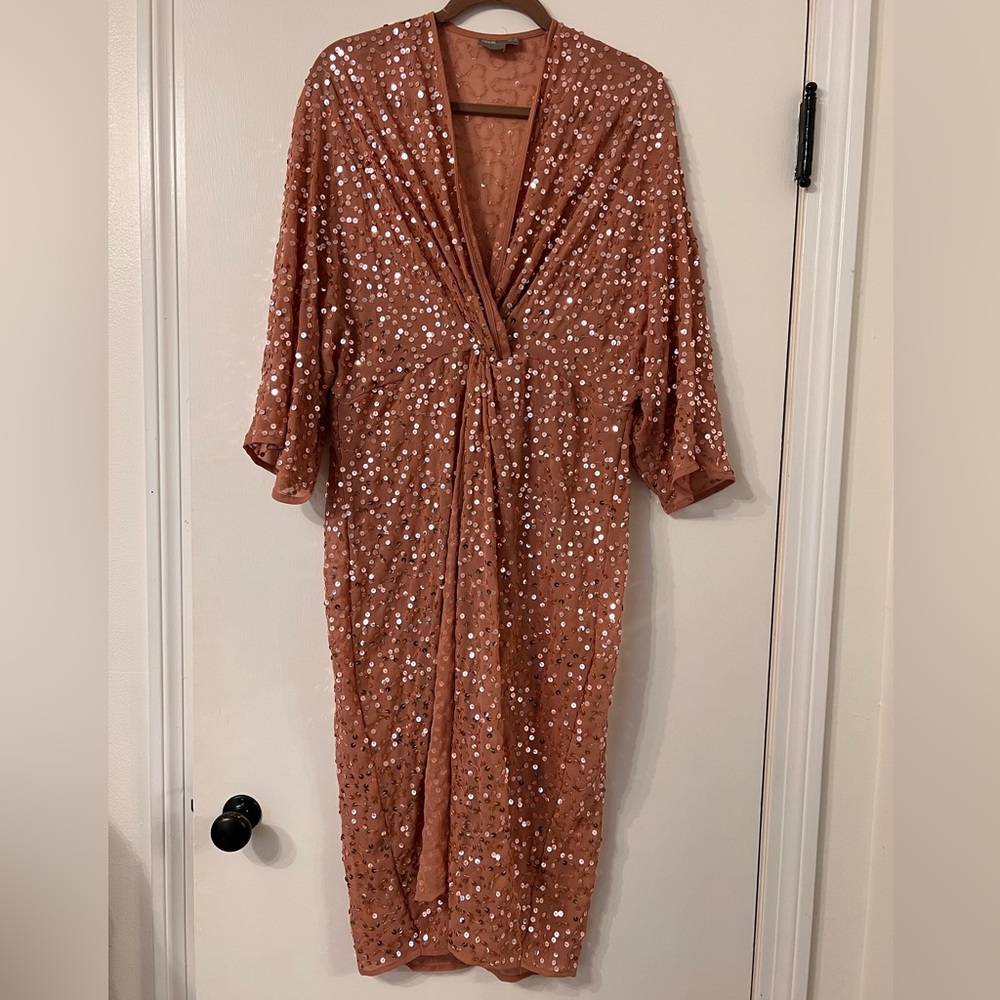 ASOS Pink Sequin Twist-Front Midi Dress - Picture 2 of 4